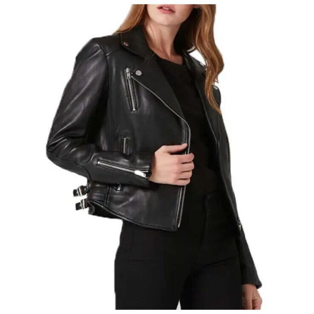 DSTLD‎ Leather Jacket Women’s S Black Biker Buckles Elbow Patch Moto